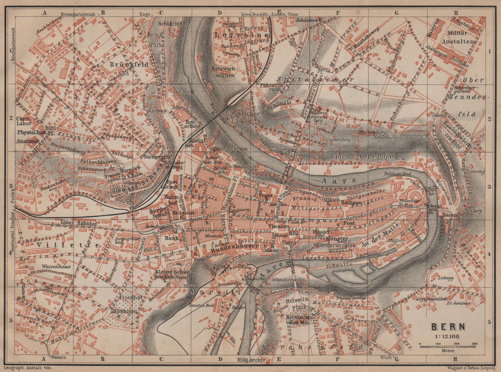 BERN BERNE. town city stadtplan. Switzerland Suisse Schweiz. BAEDEKER 1899 map